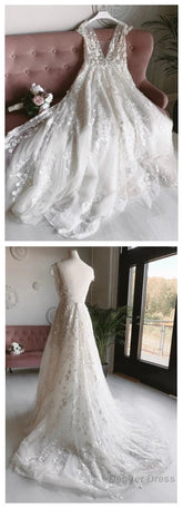 A-Line V-Neck Long Prom Dresses With Appliques, Backless Beach Wedding Dress